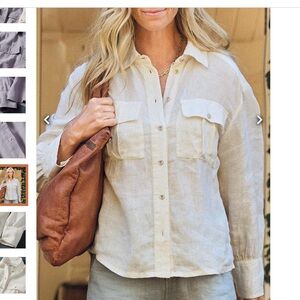 Women's Cream Button-Front Linen Shirt with Chest Pockets